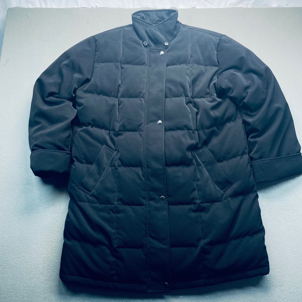 Down filled women long puffer coat black quilted snap front‎ XL warm winter cozy